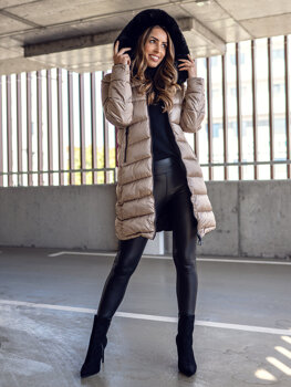 Béžová, dlhá dámska obojstranná prešívaná zimná bunda / kabát s kapucňou Bolf B8202A