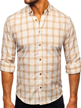 Béžová pánska košeľa s károvaným vzorom a dlhými rukávmi Bolf 22749