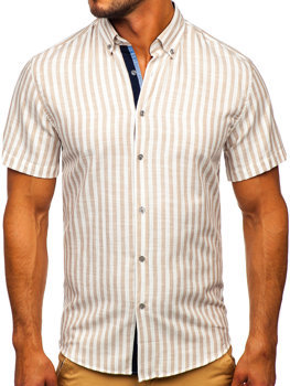 Béžová pánska pruhovaná košeľa s krátkym rukávom Bolf 21500