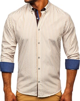 Béžová pánska prúžkovaná košeľa s dlhými rukávmi Bolf Bolf 20704