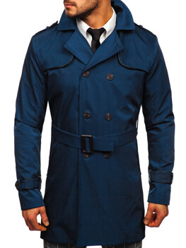 Bledomodrý pánsky dvojradový trenčkot kabát s vysokým golierom a opaskom Bolf 0001