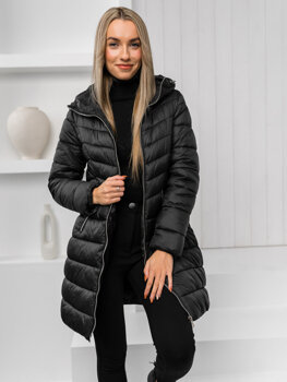 Čierna dámska dlhá prešívaná zimná bunda / kabát s kapucňou Bolf 11Z8083