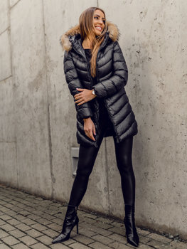 Čierna dámska dlhá zimná bunda / kabát s prírodnou kožušinou a kapucňou Bolf M688