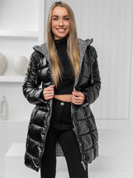 Čierna, dlhá dámska obojstranná prešívaná zimná bunda / kabát s kapucňou Bolf B8070