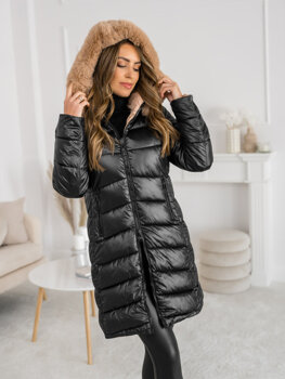 Čierna, dlhá dámska obojstranná prešívaná zimná bunda / kabát s kapucňou Bolf B8202