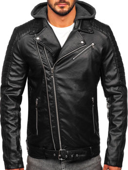 Čierna pánska biker koženková bunda tzv. sidovka s kapucňou Bolf 11Z8005