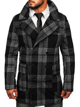 Čierny pánsky zateplený zimný kabát s károvaným vzorom Bolf 1193-1