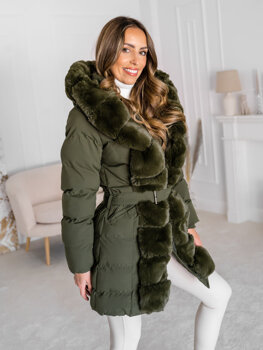 Khaki dámska dlhá prešívaná zimná bunda / kabát s kapucňou Bolf 5M3158