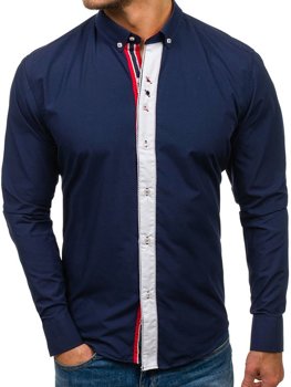 Tmavomodrá pánska elegantná košeľa s dlhými rukávmi BOLF 5827-1