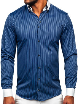 Tmavomodrá pánska elegantná pruhovaná košeľa s dlhými rukávmi BOLF 0909