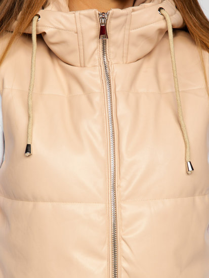 Béžová, dlhá dámska prešívaná vesta z ekologickej kože Bolf AY756