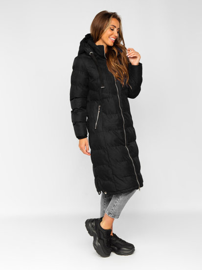 Čierna dámska dlhá prešívaná zimná bunda s kapucňou Bolf 5M736