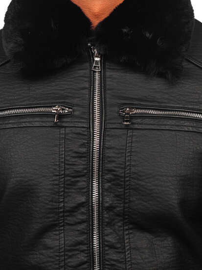 Čierna pánska koženková bunda s kožušinovým golierom Bolf 11Z8013