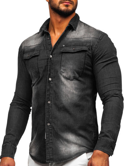 Čierna pánska riflová košeľa s dlhými rukávmi Bolf MC703N