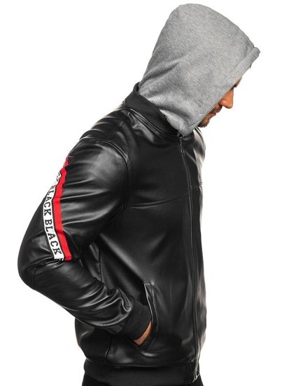 Čierno-červená pánska koženková bunda s kapucňou Bolf HY614