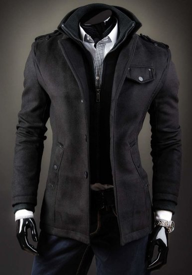 Čierny jednoradový pánsky kabát s vysokým golierom Bolf 8853D