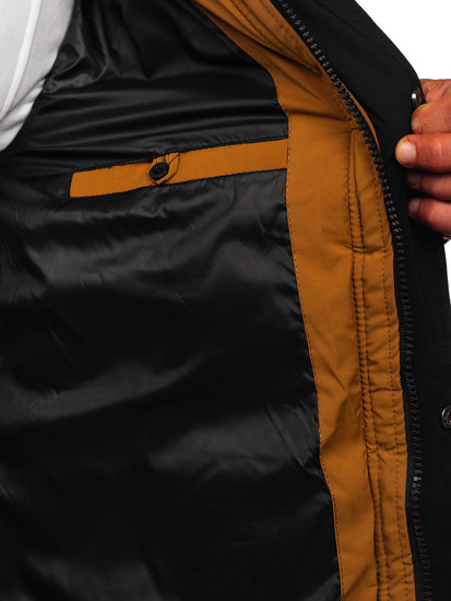 Pánska prešívaná zimná bunda parka vo farbe ťavej srsti Bolf 7330