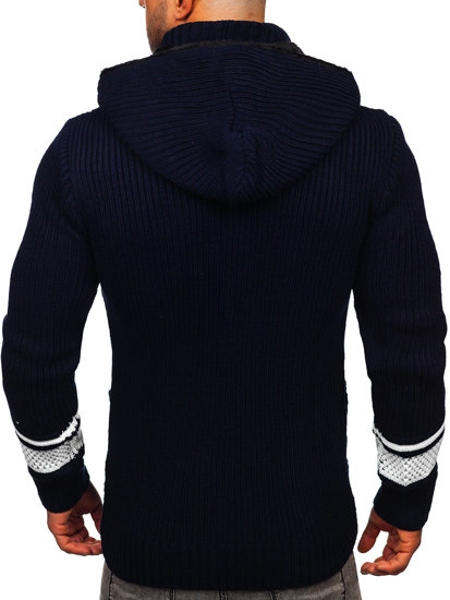 Tmavomodrý hrubý pánsky sveter/bunda so zapínaním na zips s kapucňou Bolf 2051
