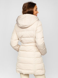 Béžová dámska dlhá prešívaná zimná bunda / kabát s kapucňou Bolf 7086