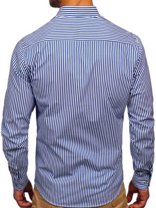 Kobaltová modrá pánska košeľa s dlhými rukávmi, s pruhovaným vzorom Bolf 20726
