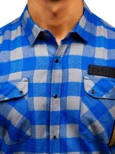 Modro-šedá pánska flanelová košeľa s dlhými rukávmi BOLF 2503