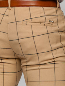 Pánske látkové chino nohavice s károvaným vzorom vo farbe ťavej srsti Bolf 0037