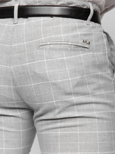 Sivé pánske látkové chino nohavice s károvaným vzorom Bolf 0033